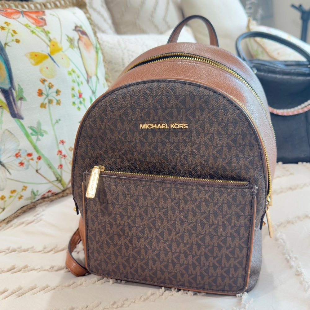Michael Kors Brown MK Monogram Mini Backpack with Gold Hardware